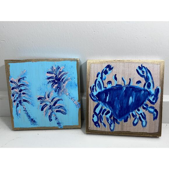 Lilly Inspired Crab Art Decor Blue Hand Painted Wall Art 5 x 5 Block Preppy - Picture 4 of 10